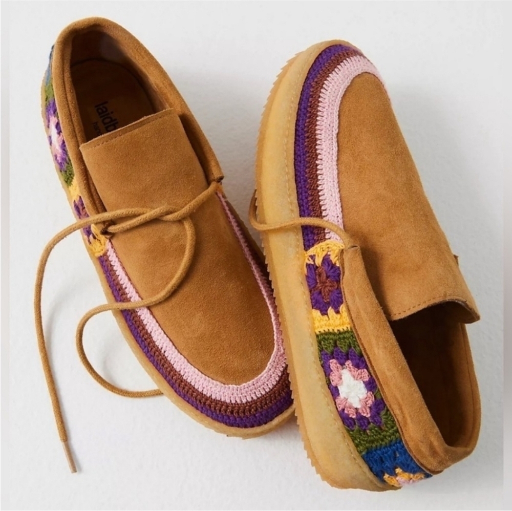 NIB! Laidback London × Free People, Komo Crochet Moccasin, Saffron Suede, 38